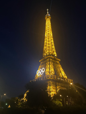 the Eiffel Tower decorated for the 2024 Paris Olympic Games.