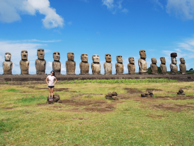 Kirstie Ward with moai statues on Easter Island.